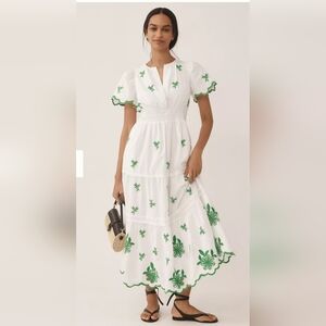 Anthropologie The Somerset White and Green Floral Embroidered Eyelet Maxi Dress